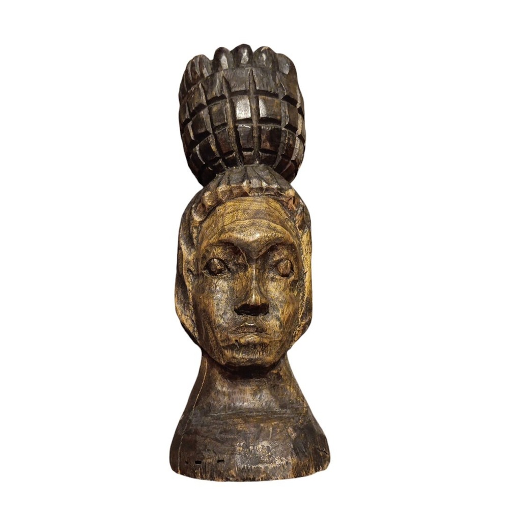African Woman w/Basket  Native Island Primitive Wood Sculpture Hand Carved 10"